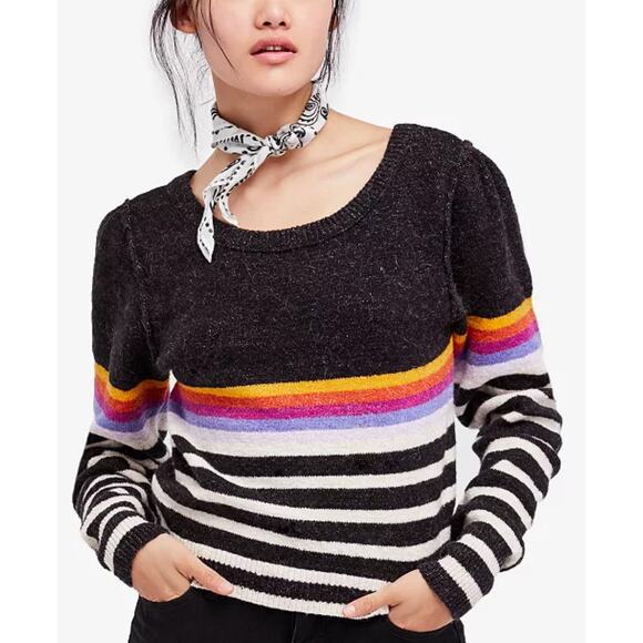 Free People Complete Me Striped Sweater Black Rainbow Stripes Size M - Picture 1 of 6